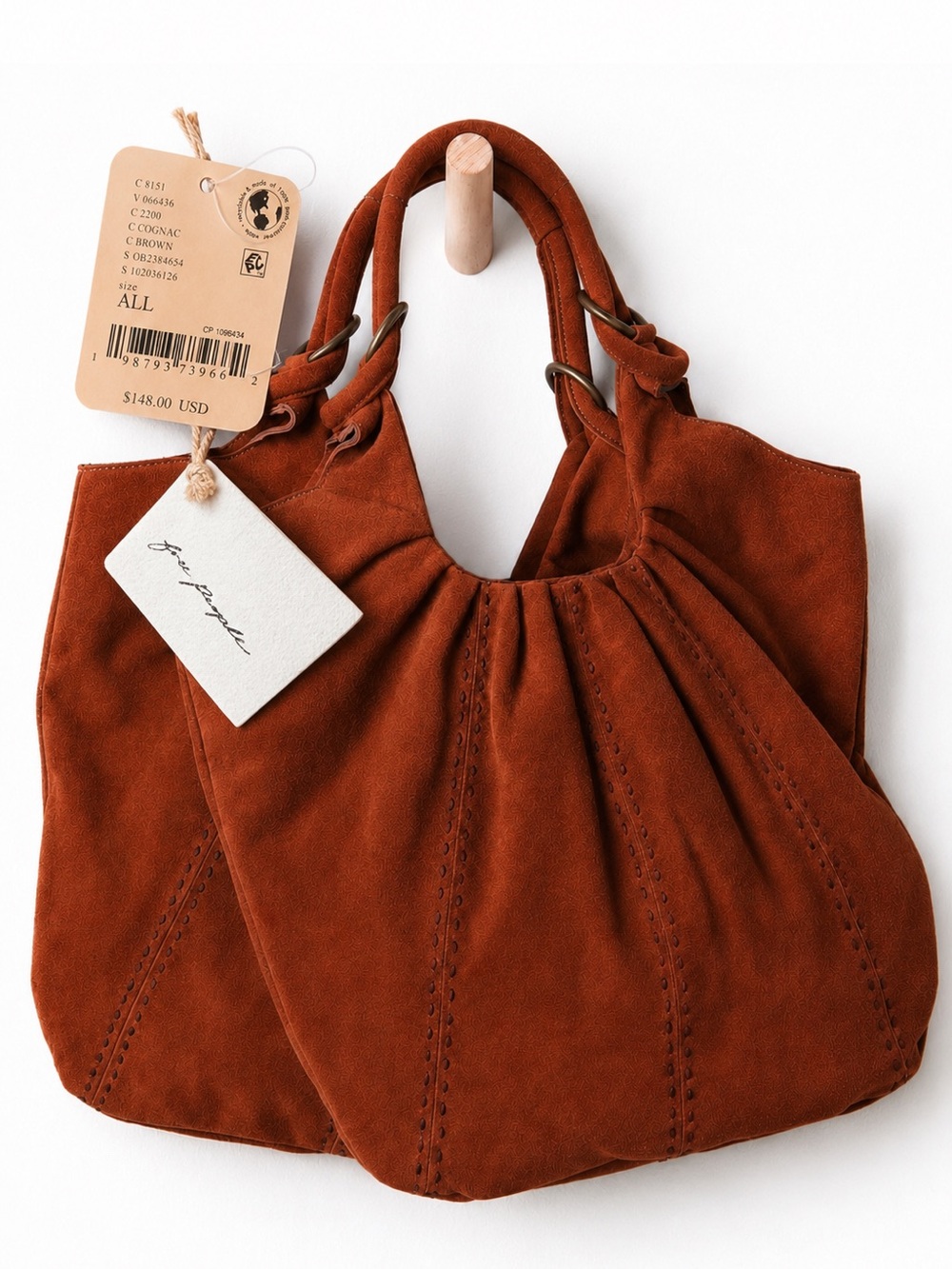 Free People Cognac Suede Leather Tote Bag NWT Scrunch Shoulder Hobo - Picture 2 of 9